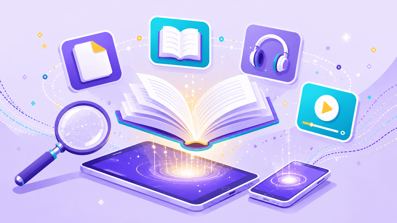Sách mở toả ra các định dạng học liệu số: tài liệu, e-book, audio và video